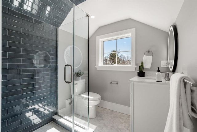 110 Fayette Unit 110, Watertown, MA 02472 - full bath featuring baseboards, toilet, vanity, a stall shower, and lofted ceiling