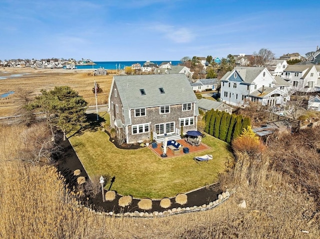 aerial view featuring a water view