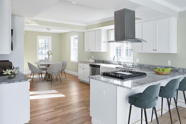 kitchen featuring white cabinets, island exhaust hood, light stone counters, stainless steel appliances, and crown molding