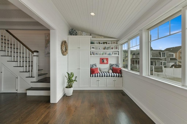 mudroom with lofted ceiling, wooden ceiling, and dark hardwood / wood-style flooring