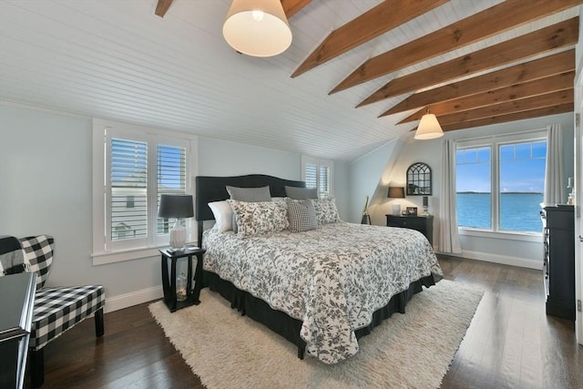 bedroom featuring a water view, dark hardwood / wood-style floors, and vaulted ceiling with beams