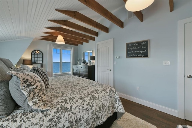 bedroom with a water view, ceiling fan, dark hardwood / wood-style floors, and vaulted ceiling with beams