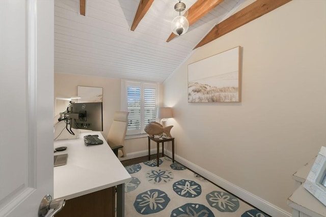 office area featuring vaulted ceiling with beams