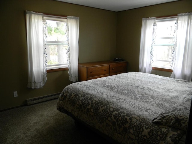 bedroom featuring baseboards, carpet, and baseboard heating