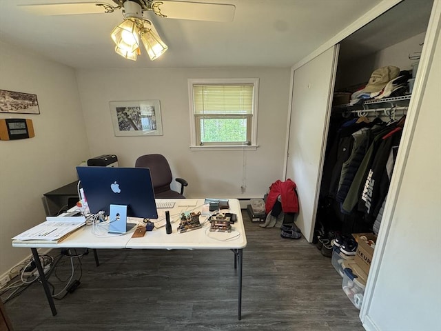 office area featuring ceiling fan and dark wood finished floors