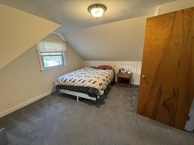 bedroom with carpet flooring, baseboards, and lofted ceiling