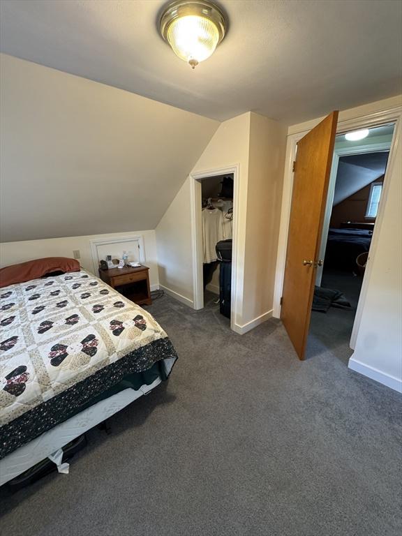 bedroom with lofted ceiling, dark colored carpet, a closet, baseboards, and a walk in closet