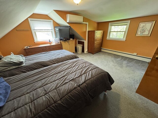bedroom featuring a baseboard radiator, light colored carpet, a wall unit AC, vaulted ceiling, and baseboards