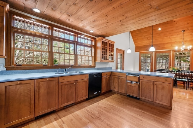 kitchen with hanging light fixtures, light hardwood / wood-style floors, dishwasher, wooden ceiling, and sink