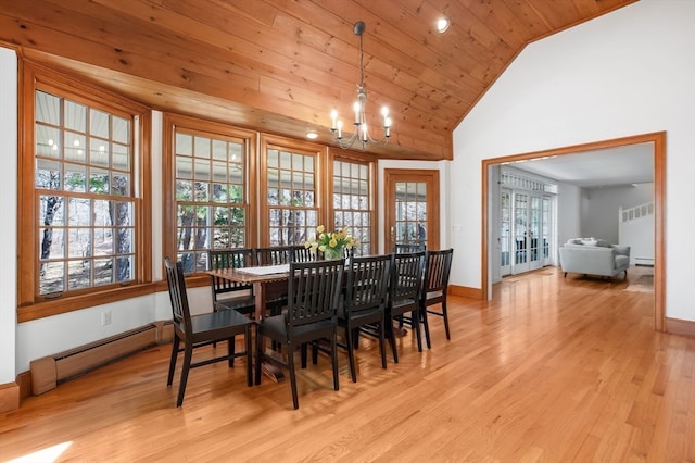 dining space with a baseboard heating unit, lofted ceiling, wooden ceiling, light hardwood / wood-style flooring, and an inviting chandelier