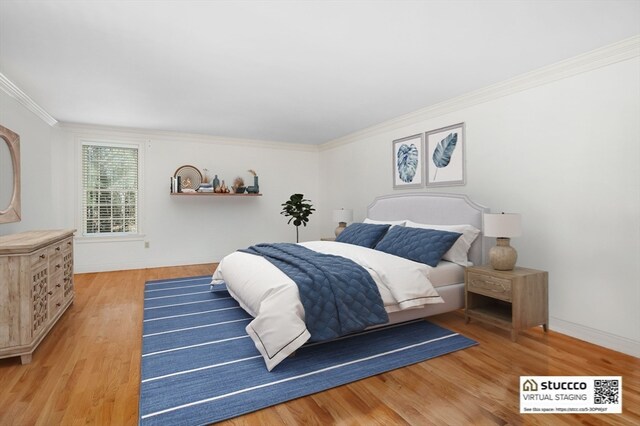 bedroom with ornamental molding and light hardwood / wood-style flooring