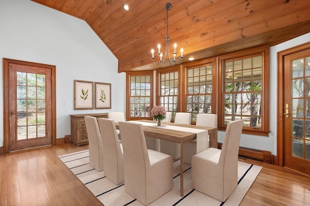 dining area with light hardwood / wood-style flooring, vaulted ceiling, baseboard heating, wooden ceiling, and an inviting chandelier