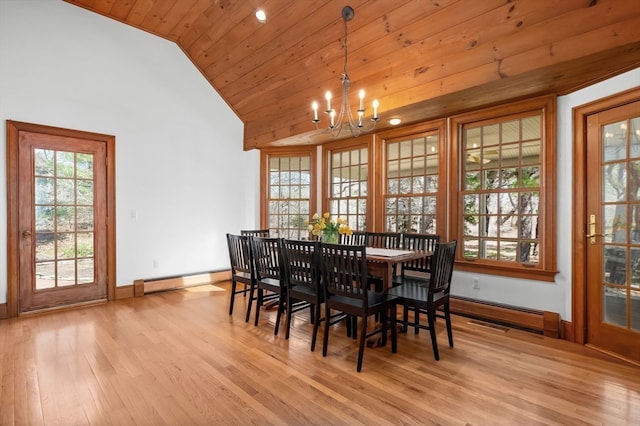 dining space with a baseboard heating unit, an inviting chandelier, vaulted ceiling, light hardwood / wood-style flooring, and wooden ceiling