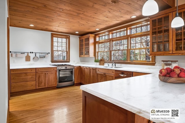 kitchen featuring stainless steel gas range, light hardwood / wood-style floors, dishwasher, wood ceiling, and hanging light fixtures