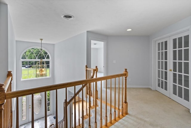 32 Twin Pond Ln, Sudbury, MA 01776 - hall featuring an upstairs landing, a chandelier, light colored carpet, and recessed lighting