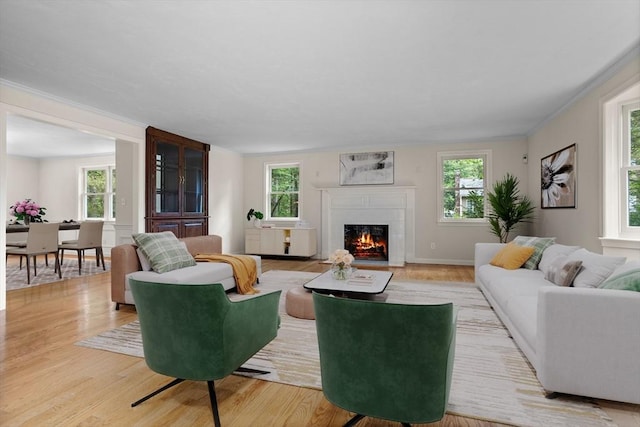 32 Twin Pond Ln, Sudbury, MA 01776 - living area with healthy amount of natural light, a lit fireplace, light wood-style floors, and ornamental molding