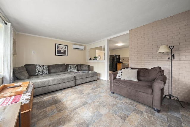 24 Hobson St, Brockton, MA 02302 - living room with a wall mounted air conditioner, stone finish flooring, brick wall, and crown molding