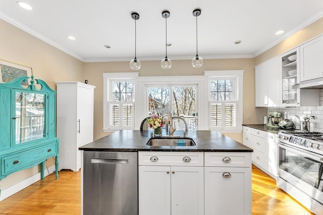 kitchen featuring sink, appliances with stainless steel finishes, an island with sink, light hardwood / wood-style floors, and white cabinets