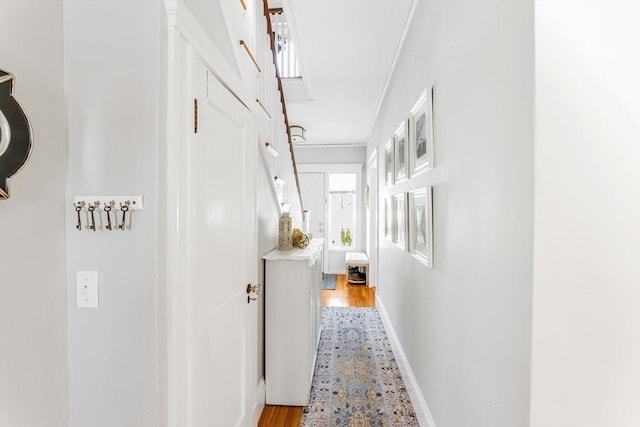 corridor featuring ornamental molding and light hardwood / wood-style flooring