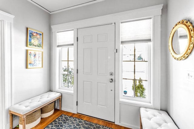 entryway with ornamental molding and wood-type flooring