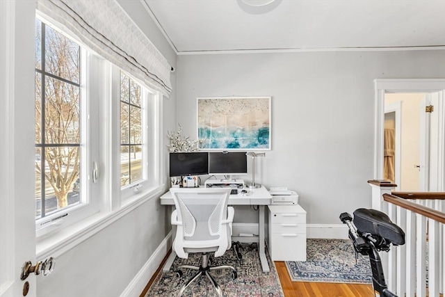 office featuring hardwood / wood-style flooring and ornamental molding