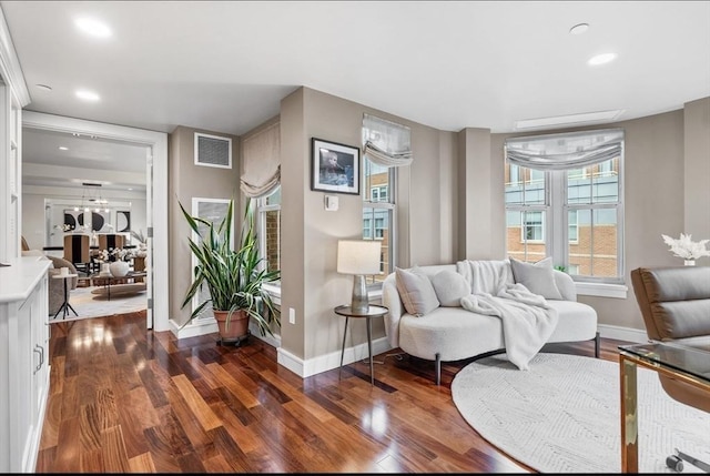 4 Battery Wharf Unit 4504, Boston, MA 02109 - living area featuring dark wood finished floors, recessed lighting, and a chandelier