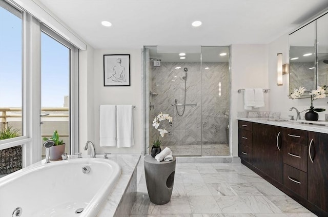 4 Battery Wharf Unit 4504, Boston, MA 02109 - bathroom featuring a garden tub, vanity, a stall shower, recessed lighting, and marble finish floors