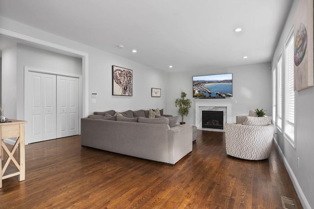 living room with a premium fireplace and dark hardwood / wood-style flooring