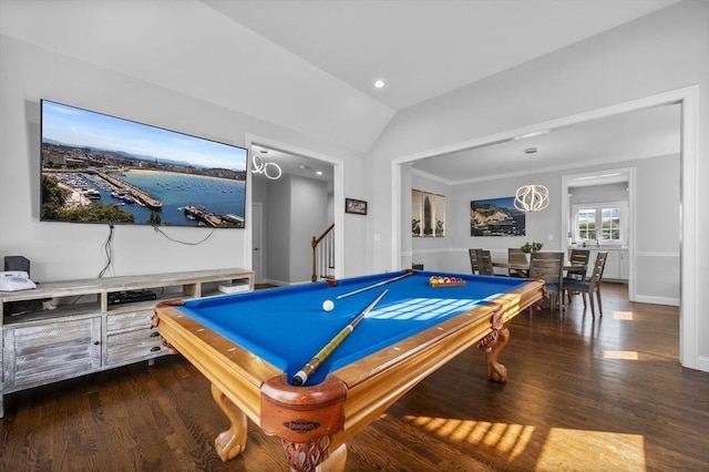 game room featuring dark hardwood / wood-style flooring, pool table, and vaulted ceiling