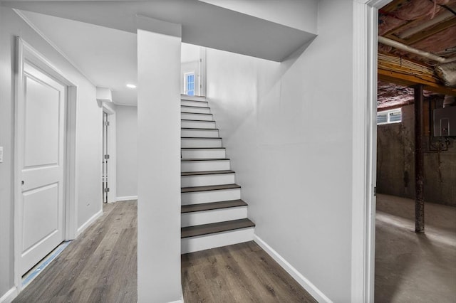 stairs featuring plenty of natural light, hardwood / wood-style floors, and electric panel