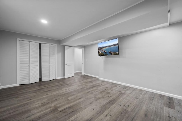 basement with wood-type flooring