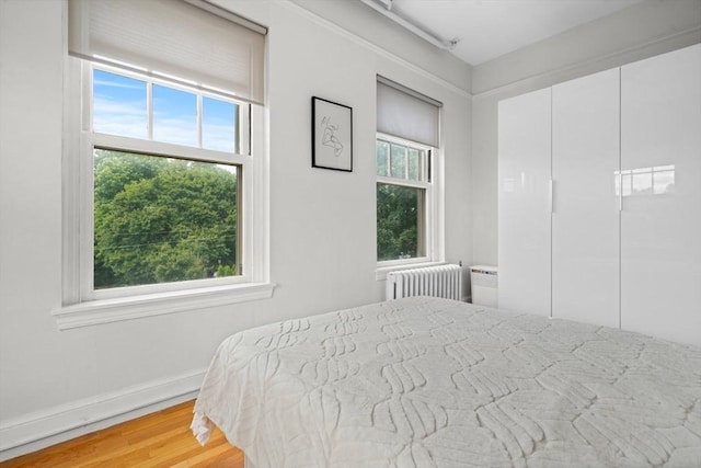 bedroom with hardwood / wood-style flooring and radiator