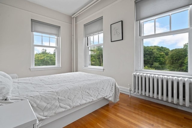 bedroom with radiator and light hardwood / wood-style floors