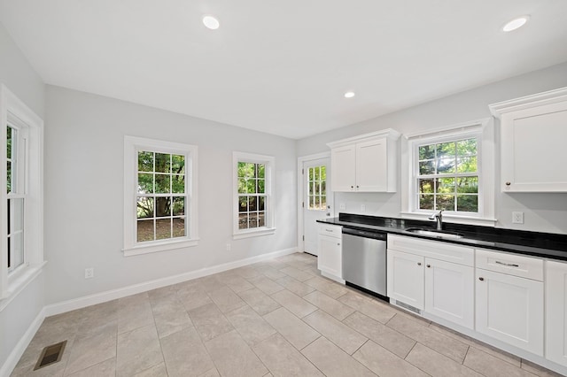 kitchen with sink, white cabinets, dishwasher, and light tile patterned floors