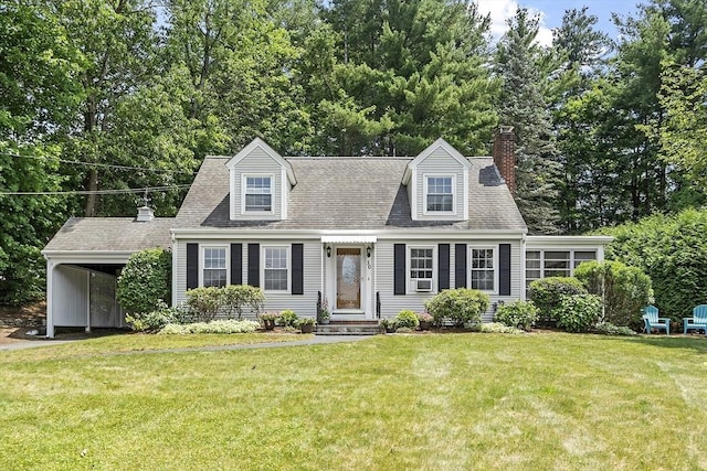 30 Brigham St, Hudson, MA 01749 - new england style home with a chimney, a front yard, a shingled roof, a carport, and view of scattered trees