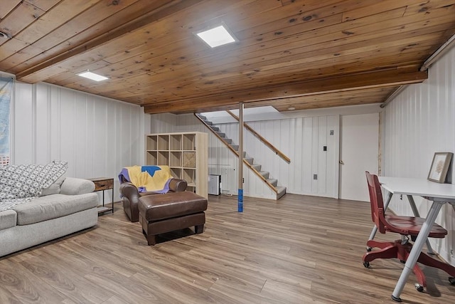 30 Brigham St, Hudson, MA 01749 - living area with stairs, wooden ceiling, wood finished floors, and wood walls
