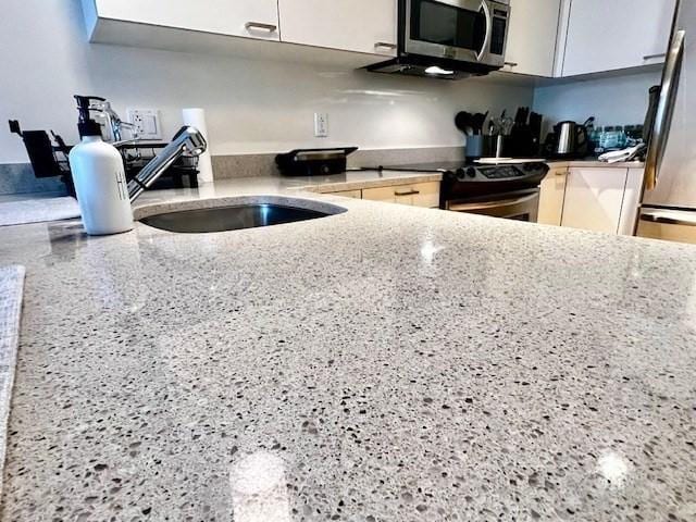 2 Earhart Unit 121, Cambridge, MA 02141 - kitchen featuring stainless steel appliances, light stone countertops, a sink, and white cabinets