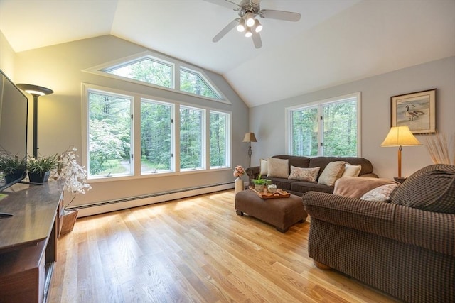 56 Burt St, Norton, MA 02766 - living area featuring a baseboard radiator, vaulted ceiling, light wood-type flooring, and ceiling fan