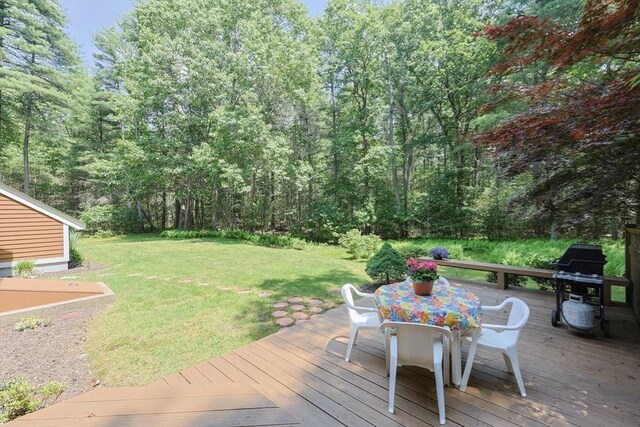 56 Burt St, Norton, MA 02766 - wooden terrace featuring outdoor dining space, area for grilling, and a lawn