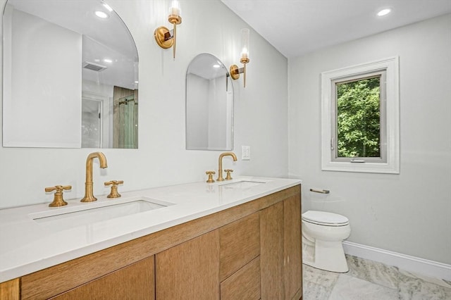 30 Twilight Dr, Foxboro, MA 02035 - full bath featuring double vanity, an enclosed shower, recessed lighting, and marble finish floors