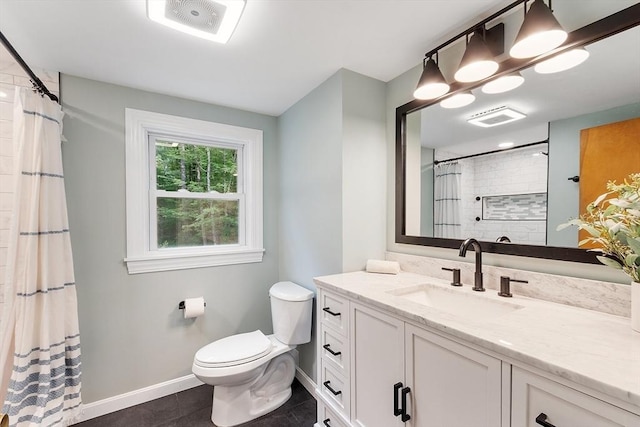 12 Billings St, Acton, MA 01720 - bathroom featuring toilet, vanity, baseboards, tile patterned floors, and curtained shower