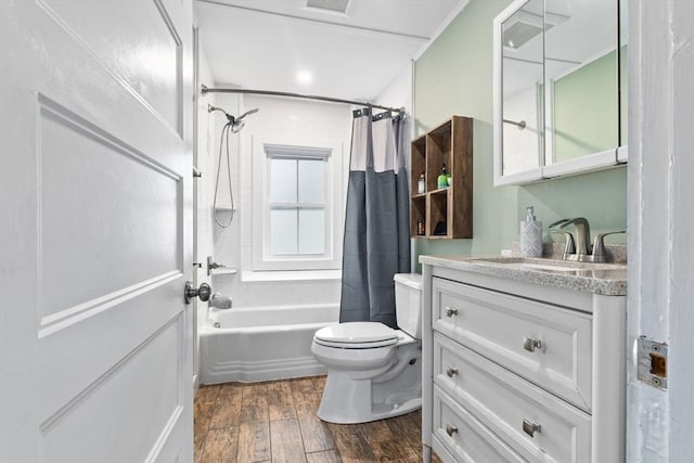 50 Wethersfield, Rowley, MA 01969 - bathroom with shower / tub combo, vanity, toilet, and hardwood / wood-style floors