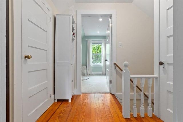50 Wethersfield, Rowley, MA 01969 - hall featuring an upstairs landing, light wood-style flooring, recessed lighting, and baseboards