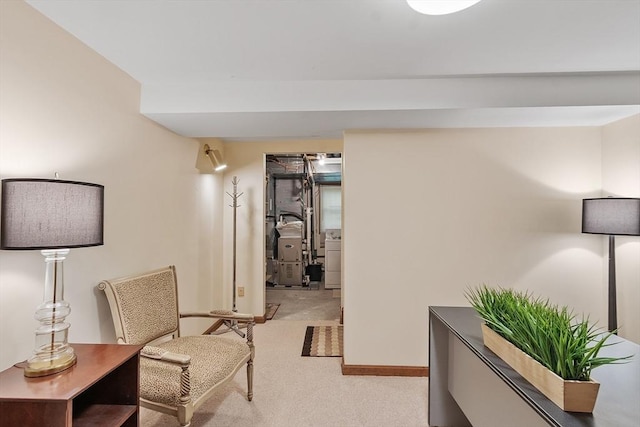 living area featuring light carpet