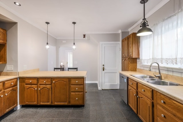 kitchen with dishwasher, decorative light fixtures, crown molding, and sink