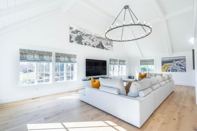61 Chickering Rd, Spencer, MA 01562 - living area with a chandelier, beam ceiling, high vaulted ceiling, light wood-style flooring, and wooden ceiling