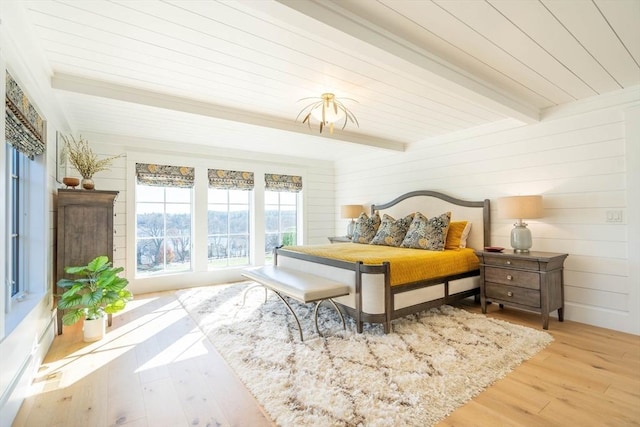 61 Chickering Rd, Spencer, MA 01562 - bedroom featuring beam ceiling, light wood-style flooring, and wood walls
