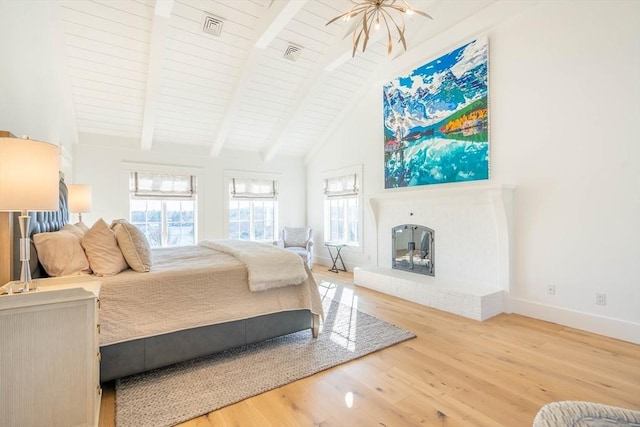 61 Chickering Rd, Spencer, MA 01562 - bedroom with wood finished floors, baseboards, a fireplace, high vaulted ceiling, and beam ceiling