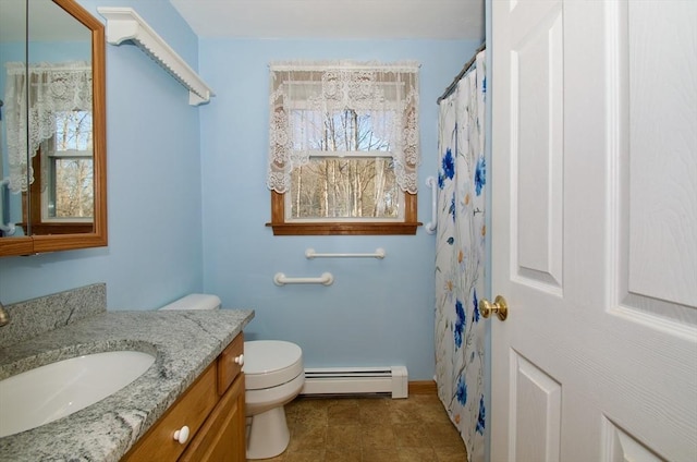 bathroom featuring vanity, a baseboard heating unit, toilet, and a shower with shower curtain