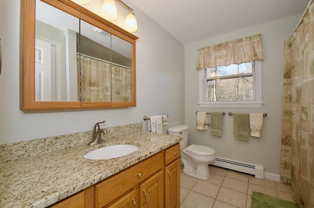 bathroom featuring toilet, a shower with curtain, vanity, tile patterned flooring, and a baseboard heating unit